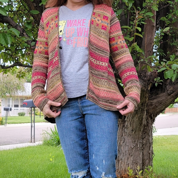 Women Linen Boho Cotton open front  Multicolor Striped Cardigan Sweater | size M - Picture 5 of 16
